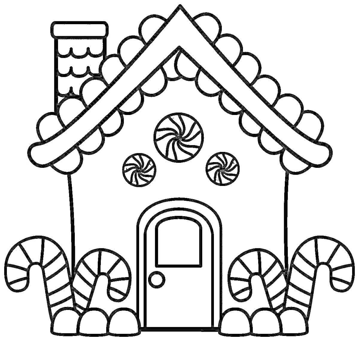 На раскраске изображено: Домик, Леденцы, Крыша, Дверь, Дымоход