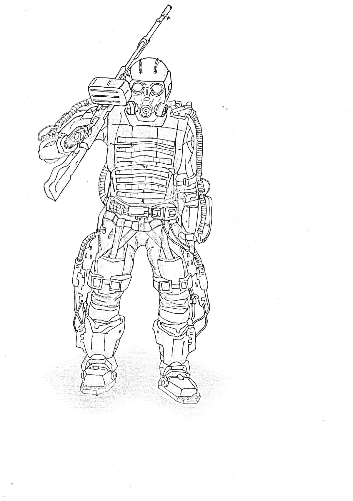 На раскраске изображено: Воин, Защитный костюм, Оружие, Маска, Броня, Постапокалипсис