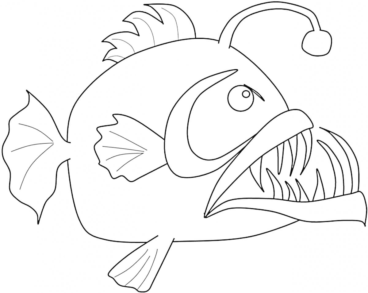 На раскраске изображено: Удильщик, Рыба, Морская рыба, Зубы, Челюсть