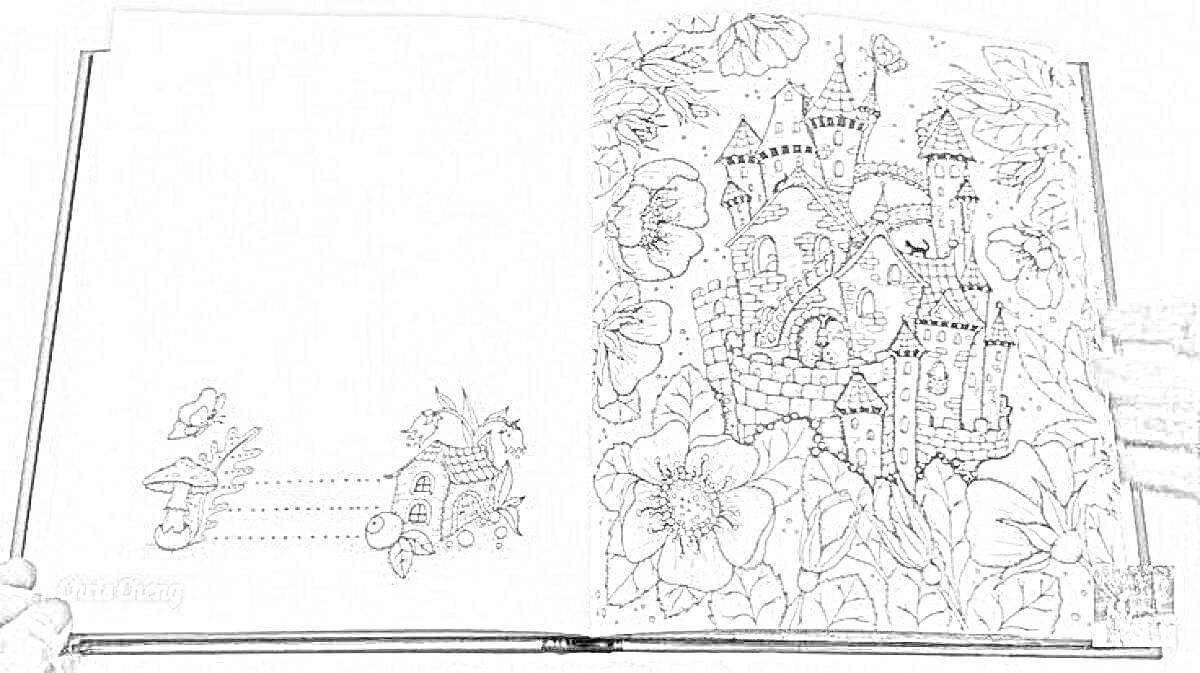 Раскраска Замок с каменными стенами, башенками и флюгерами, окружённый большими цветущими цветами и бабочками. Рядом домик-грибок с тележкой, запряженной мышками.