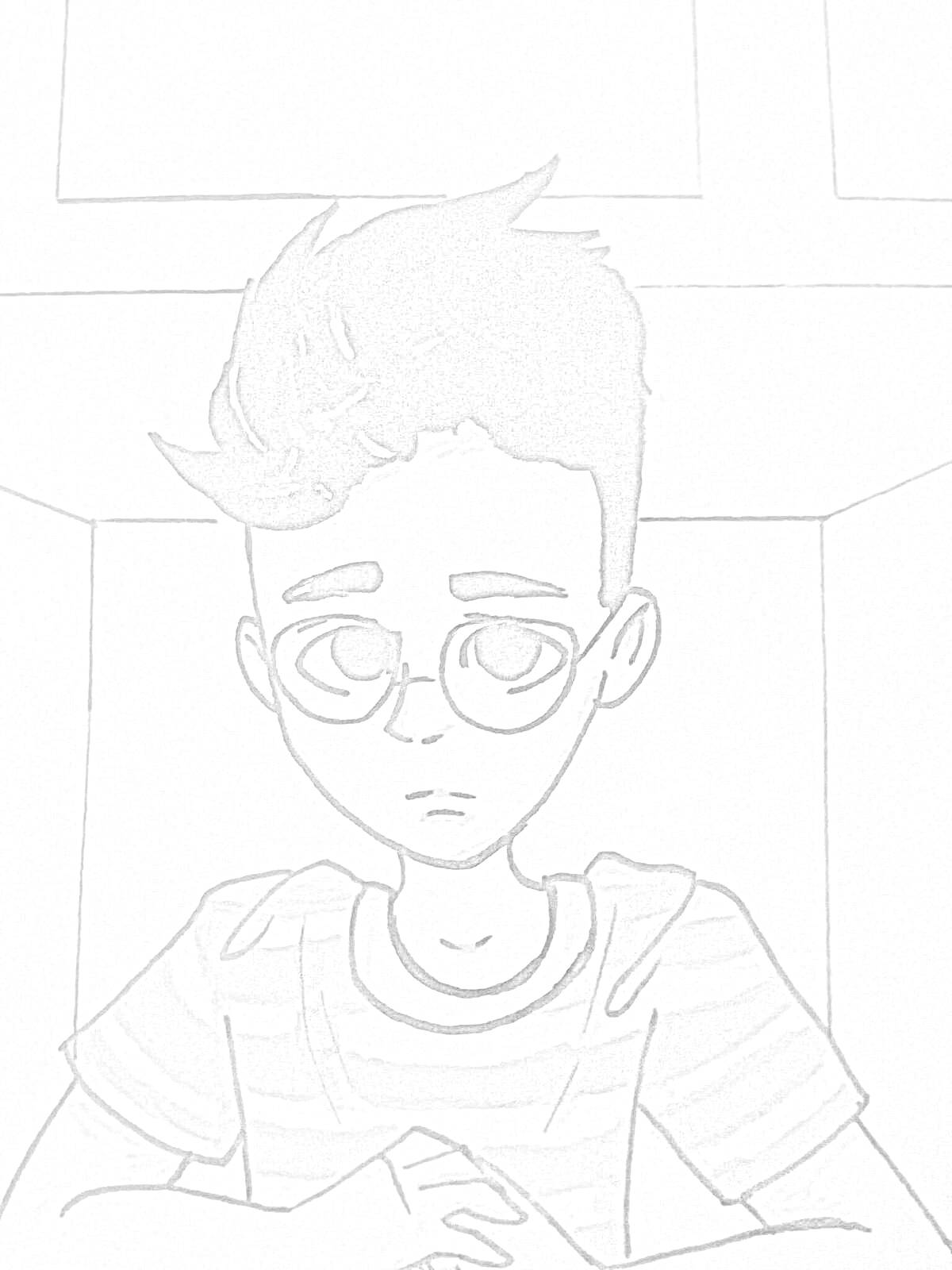 Раскраска Мальчик в полосатой футболке с очками