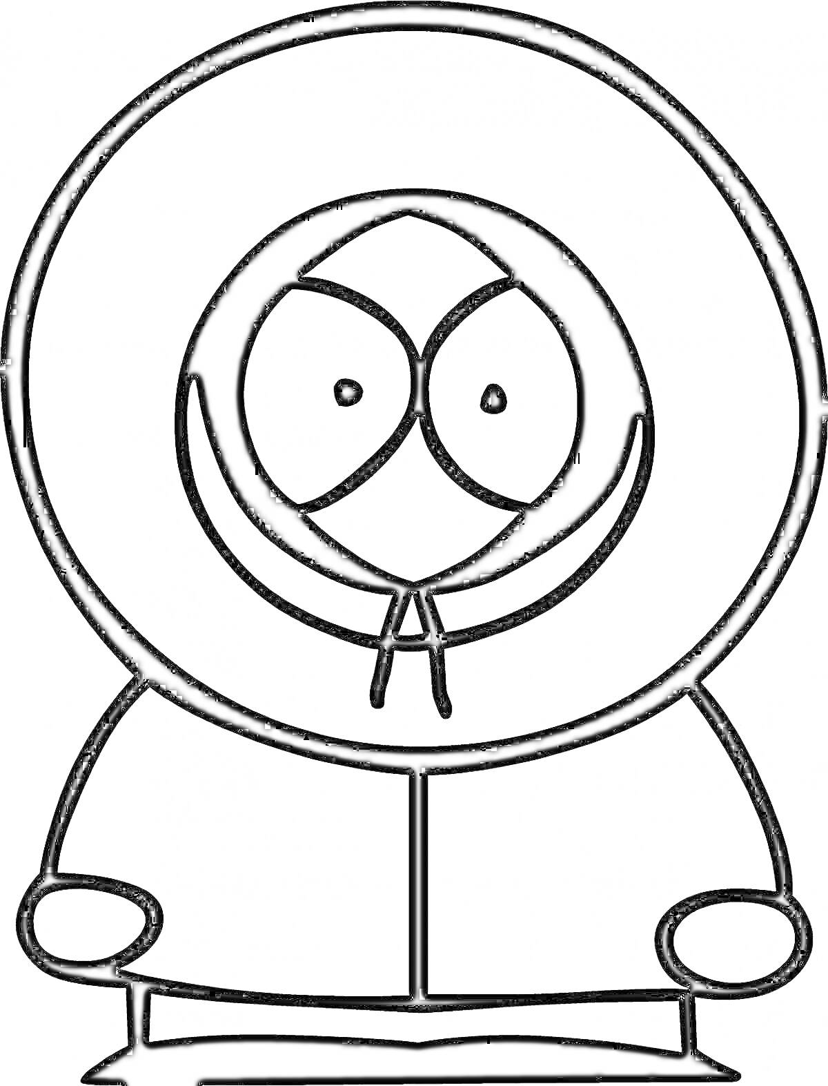 Раскраска персонаж в капюшоне с большими глазами и руками по бокам