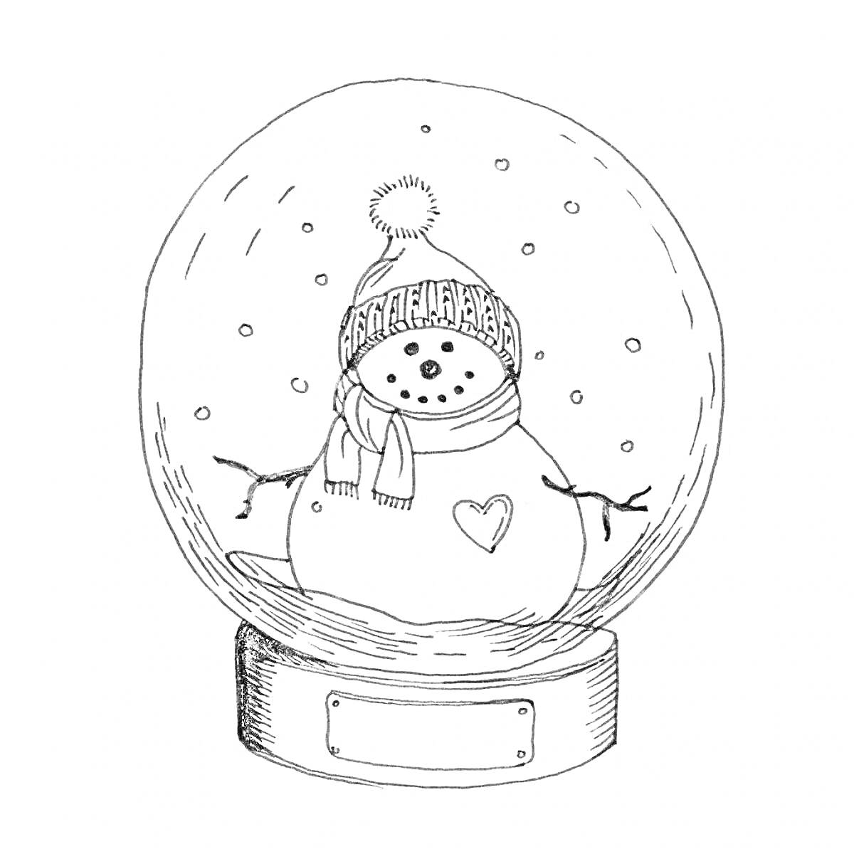 Раскраска стеклянный новогодний шар со снеговиком в шапке и шарфе