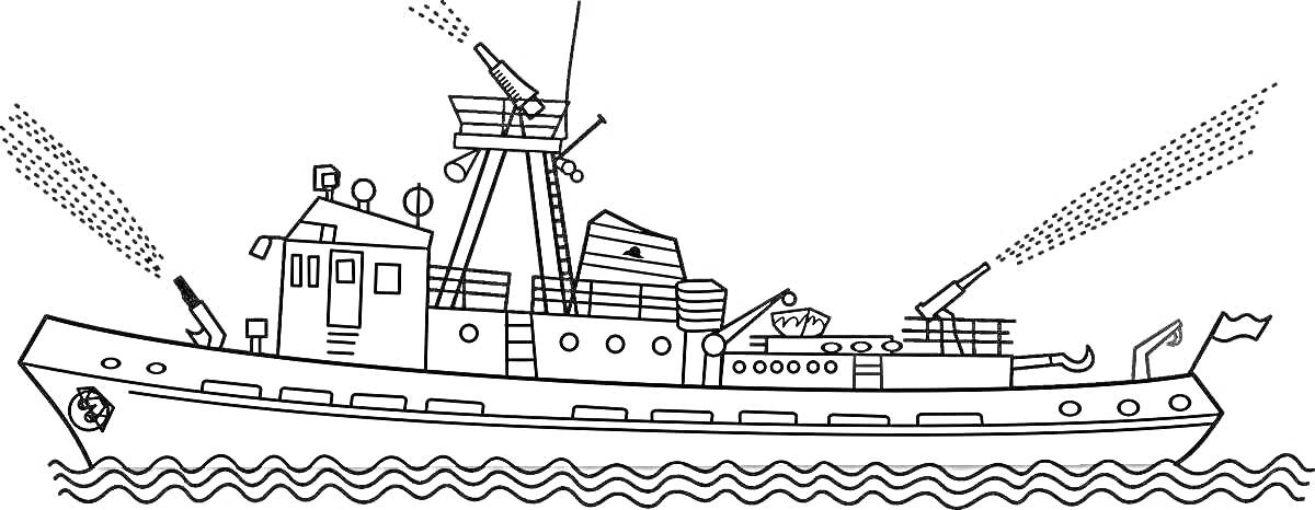 На раскраске изображено: Буксир, Корабль, Вода, Прожекторы, Антенны, Волны, Судно, Морской транспорт