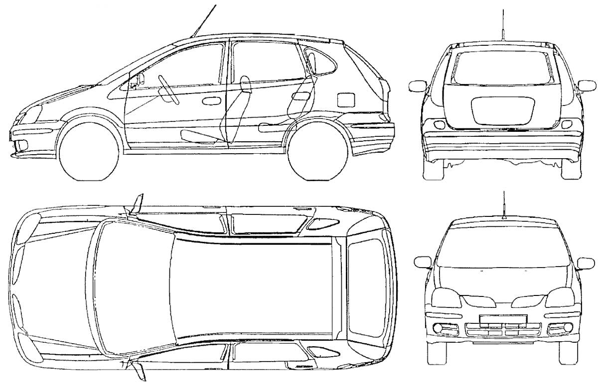 Раскраска Чертеж разных видов Nissan Almera (вид сбоку, вид сзади, вид сверху, вид спереди)