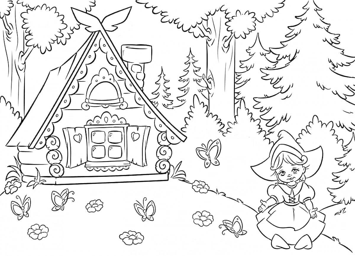 Раскраска Домик в лесу с девочкой, бабочками и цветами
