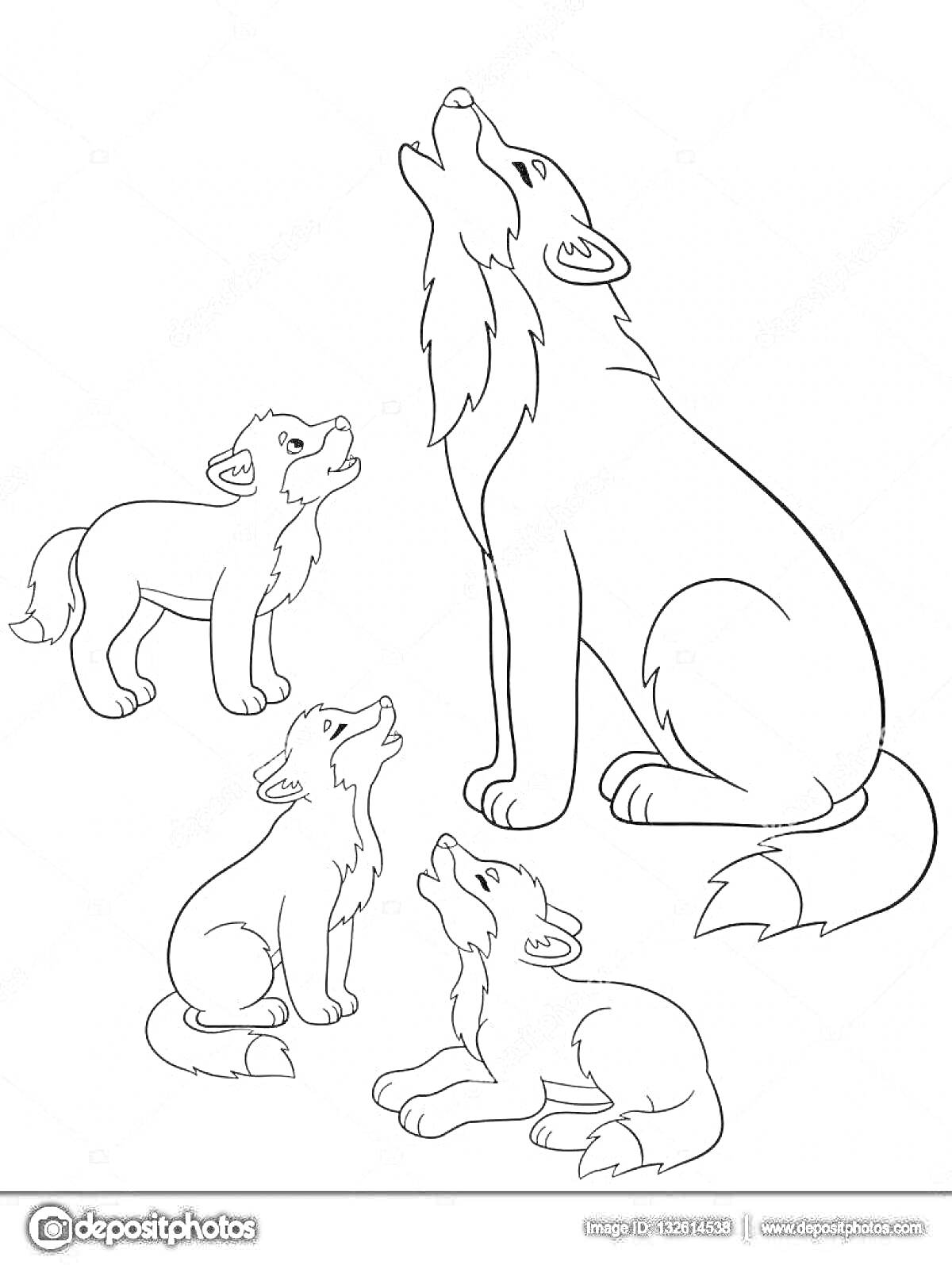 На раскраске изображено: Волчица, Волчонок, Животные, Дикая природа, Обучающая