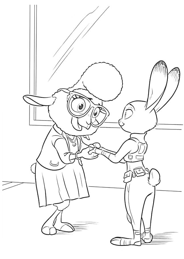Овца в очках и юбке, пожимающая руку кролику в полицейской форме