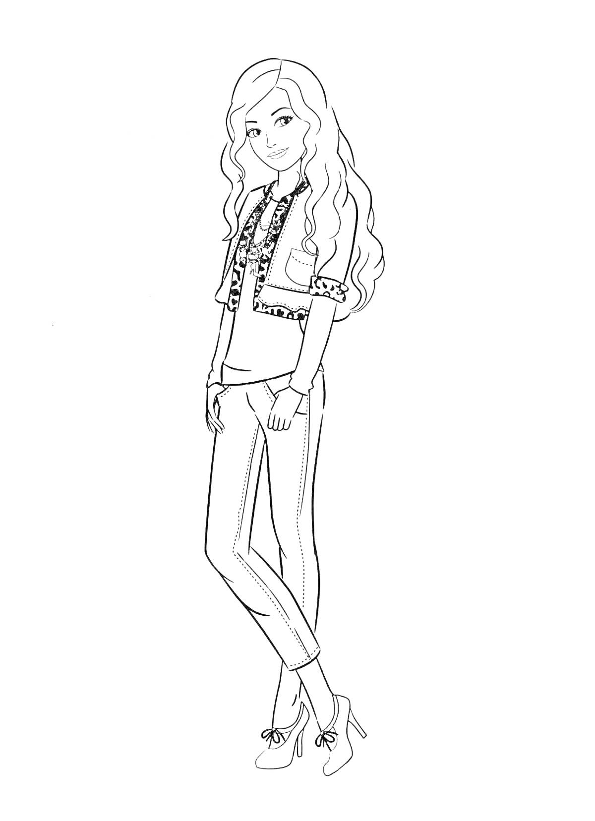 Раскраска Девушка со светлыми длинными волосами в джинсовой куртке и брюках, стоящая в полный рост