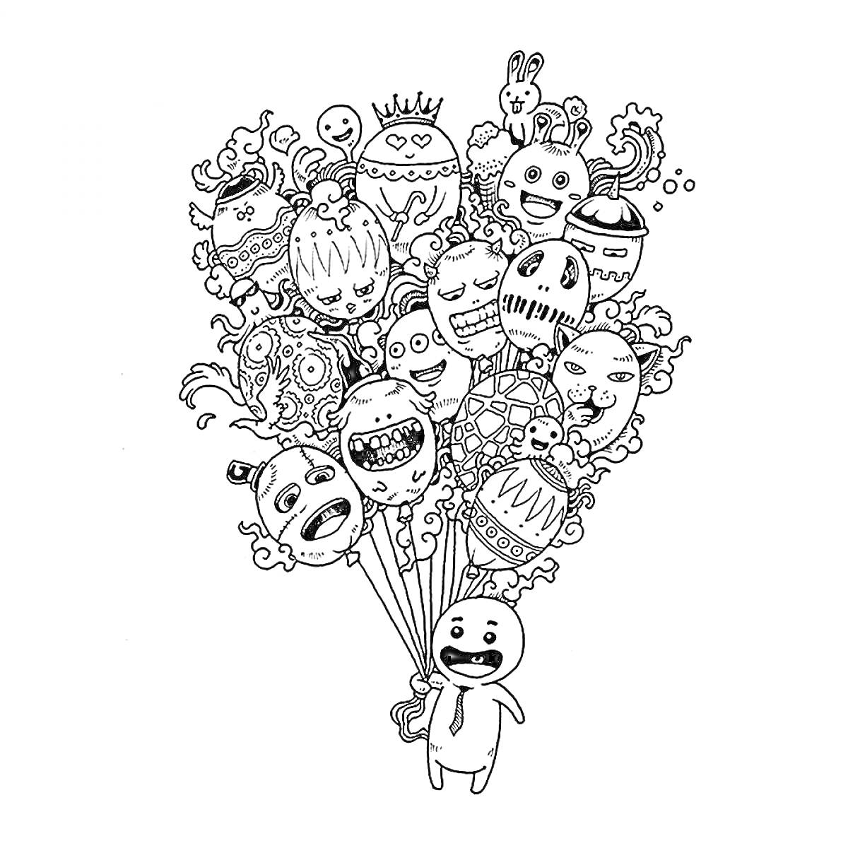 Раскраска Персонаж с воздушными шарами-дудлами, на шарах монстры, животные, корона, сердечки, звёздочки