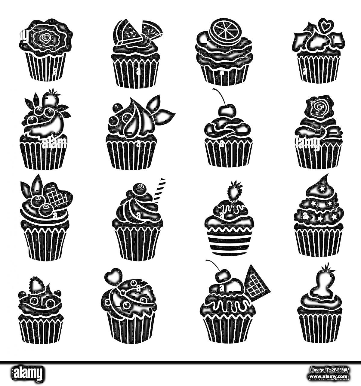 Раскраска Кейк попсы с различными украшениями (ягоды, шоколад, фрукты, крем, печенье, конфеты)