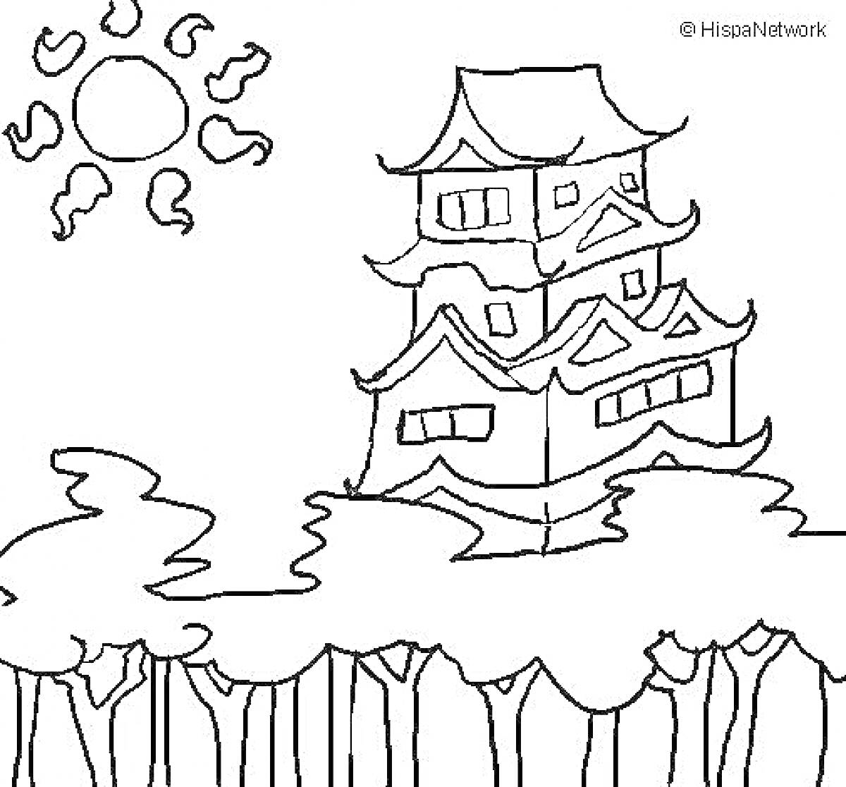 Раскраска Японский дом с солнцем и деревьями