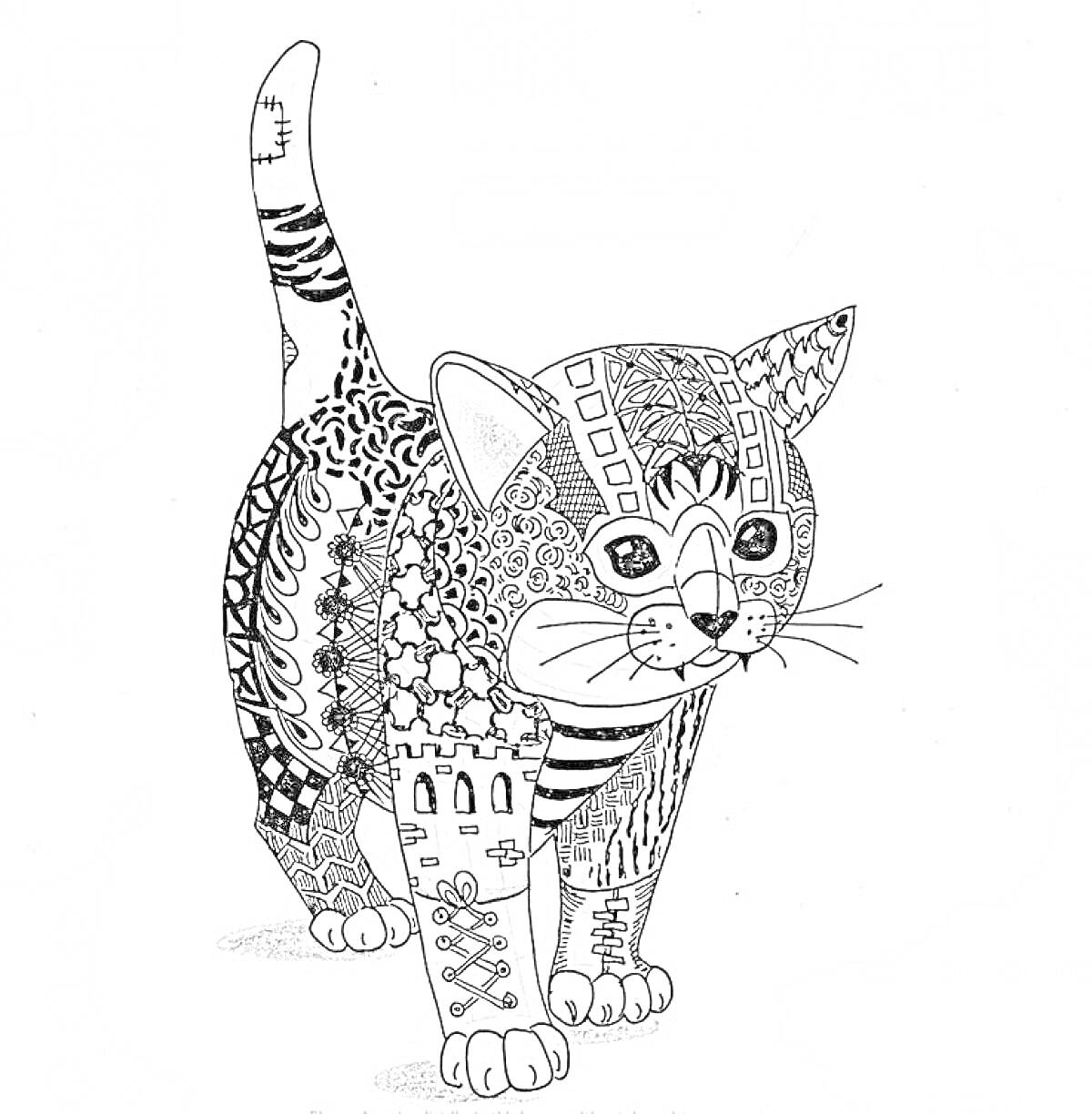 Раскраска Антистресс раскраска с котёнком, украшенным орнаментами и узорами: геометрическими фигурами, абстрактными элементами, полосами и точками