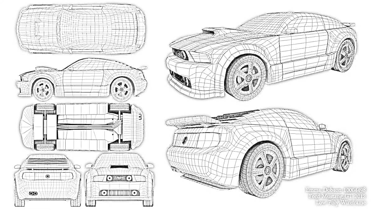 Раскраска 3D-модели автомобиля с разных ракурсов, включающие вид спереди, сзади, сбоку, сверху и 3/4