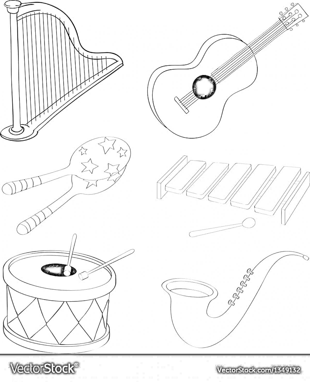 Раскраска Музыкальные инструменты — арфа, гитара, маракас, ксилофон, барабан, саксофон