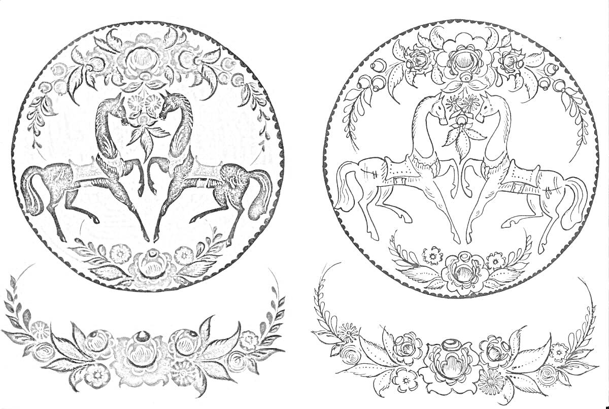 Два танцующих коня в круге с цветами и цветочная гирлянда