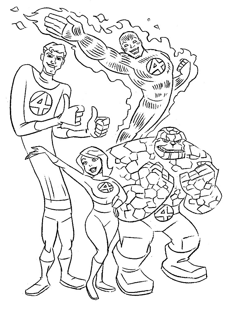 Раскраска Четыре персонажа из Фантастической Четверки: высокий мужчина с удлинёнными руками, женщина с длинными волосами, человек, горящий пламенем, и каменный человек