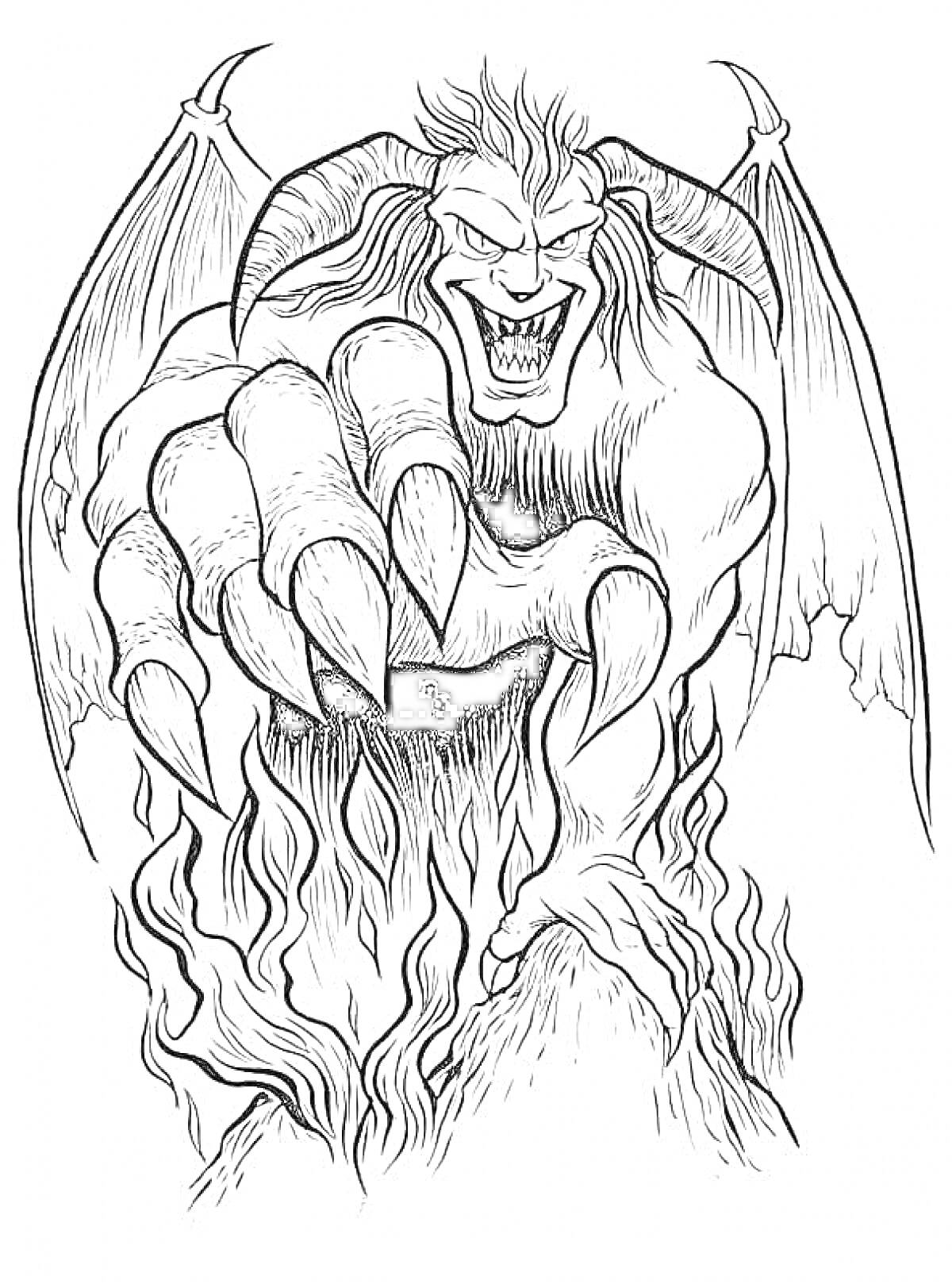 Раскраска Демон с крыльями и когтями, вырывающийся из пламени