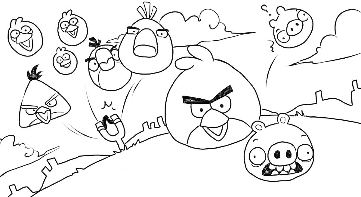 Раскраска Angry Birds: птицы, катапульта и свиньи на фоне облаков и горизонта