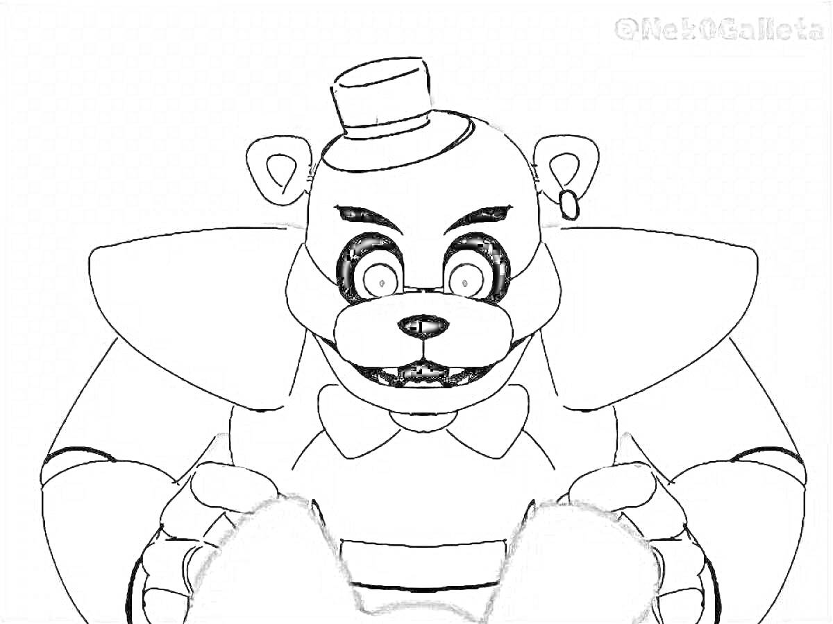 Раскраска Аниматроник-медведь с круглой шляпой и большими ушами