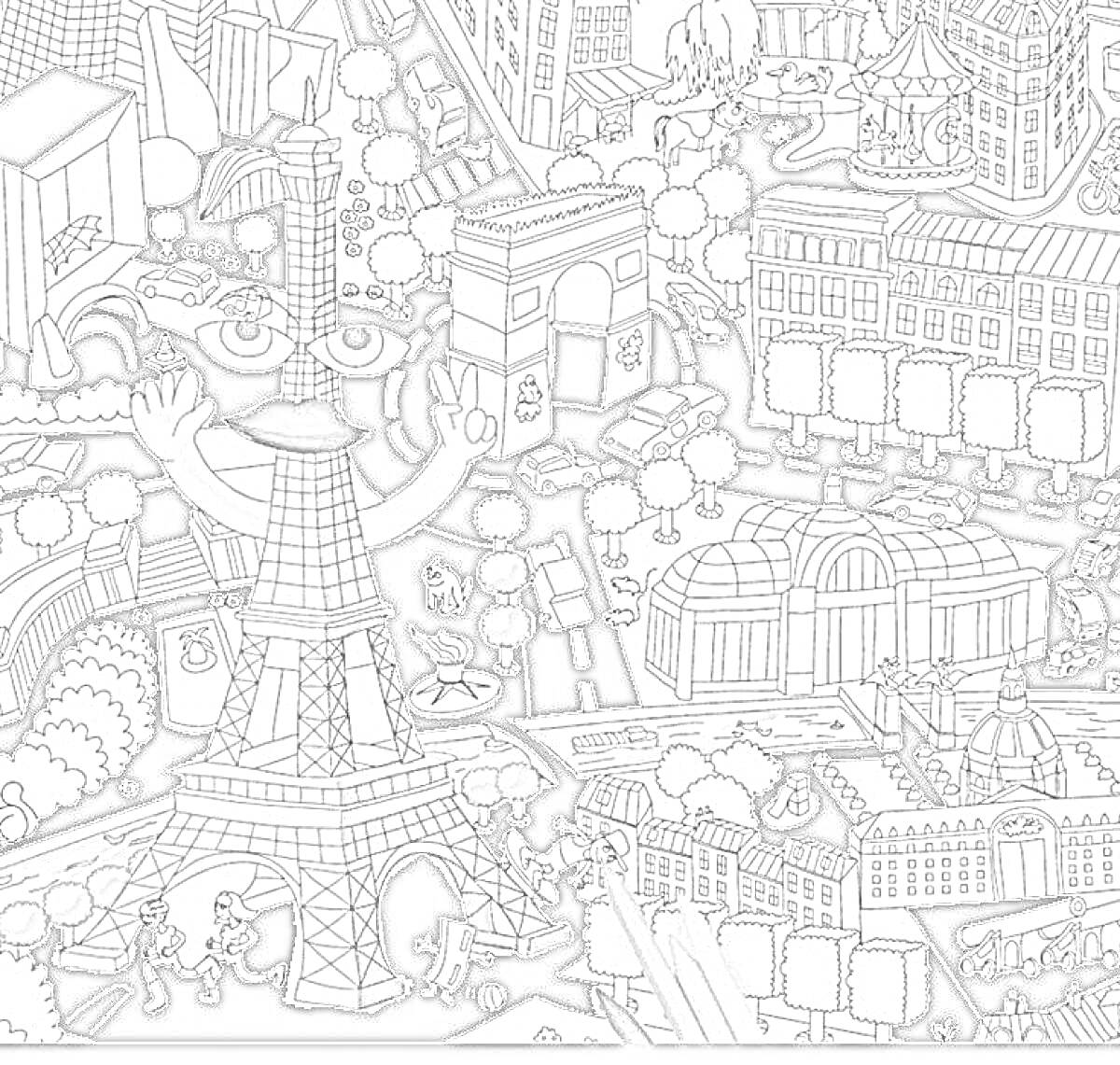 На раскраске изображено: Париж, Эйфелева башня, Антистресс, Здания, Деревья, Арка, Дороги, Речка, Мост