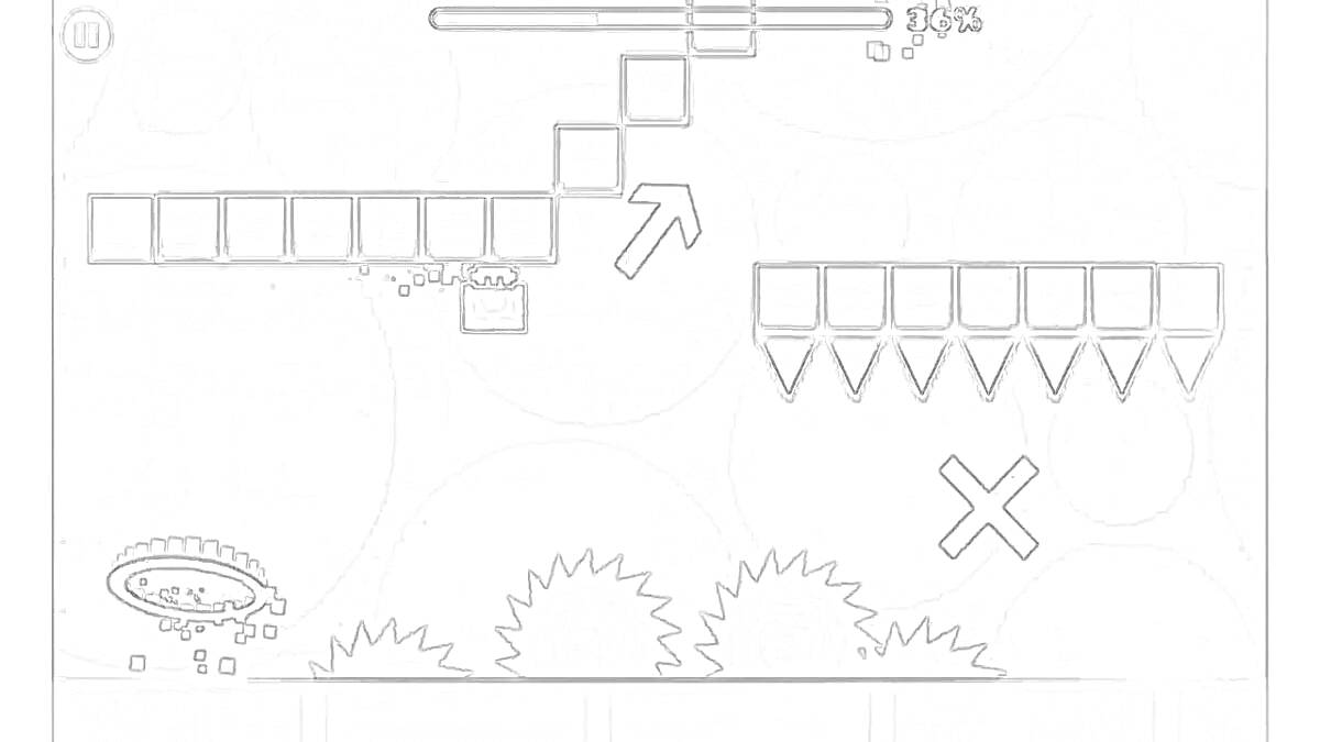 Раскраска Игра на выживание с прыжками по платформам, шипы, указатели стрелки и круглая тарелка