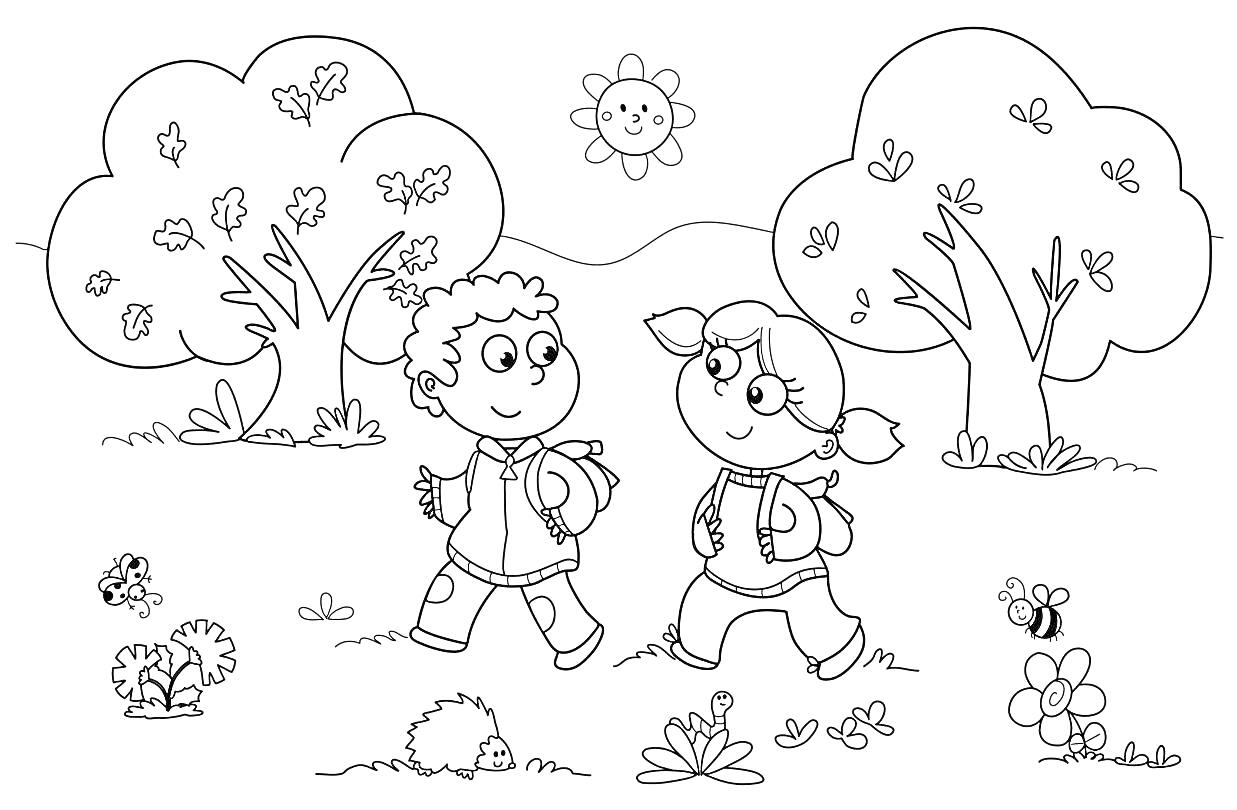 Раскраска Два ребёнка, идущие по полянке, деревья с листьями, улыбающееся солнце, кусты, цветы, насекомые (пчела, бабочка), трава, гора на заднем плане