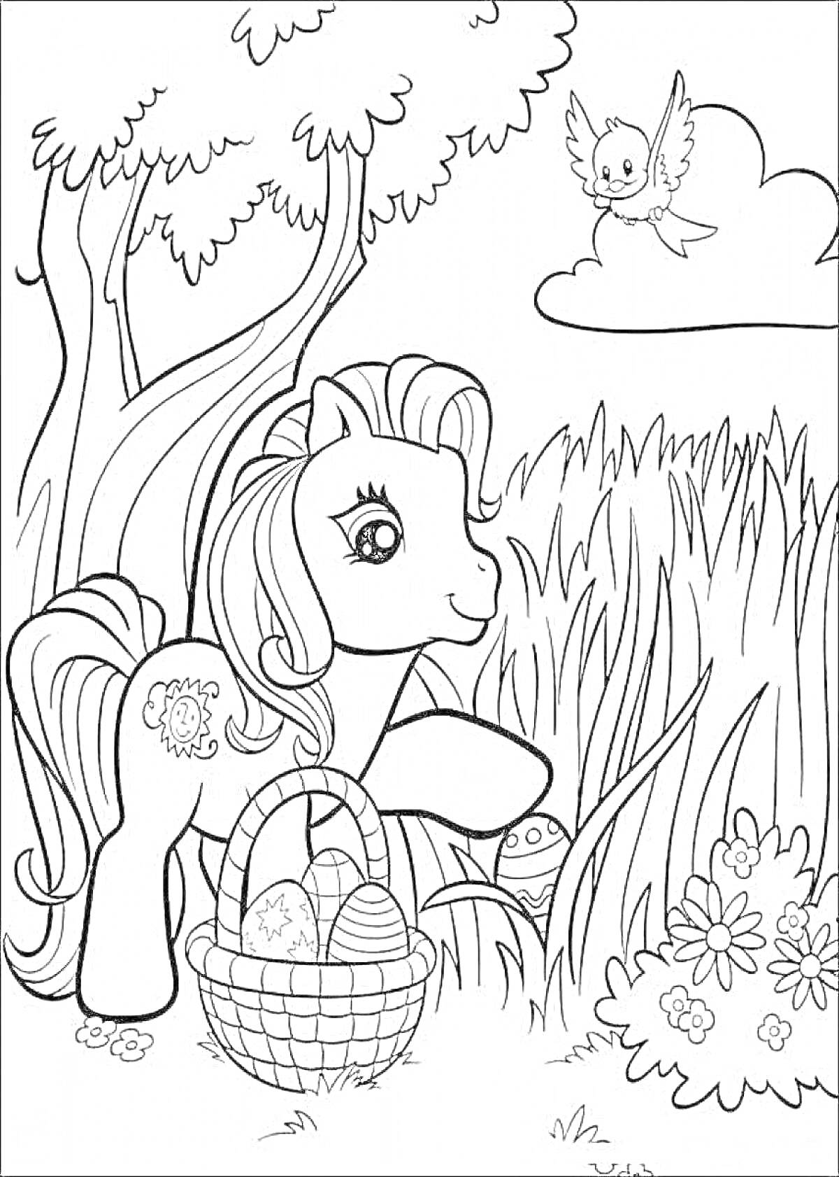 Раскраска Пони с корзиной на поляне, в траве пасхальные яйца, на заднем плане деревья и птица на облаке