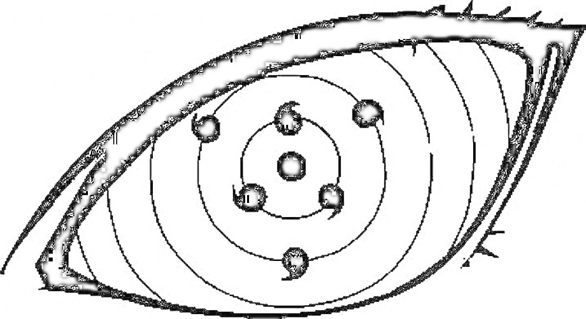 Раскраска Глаз с шаринганом, concentric circles, пять точек, веко с ресницами