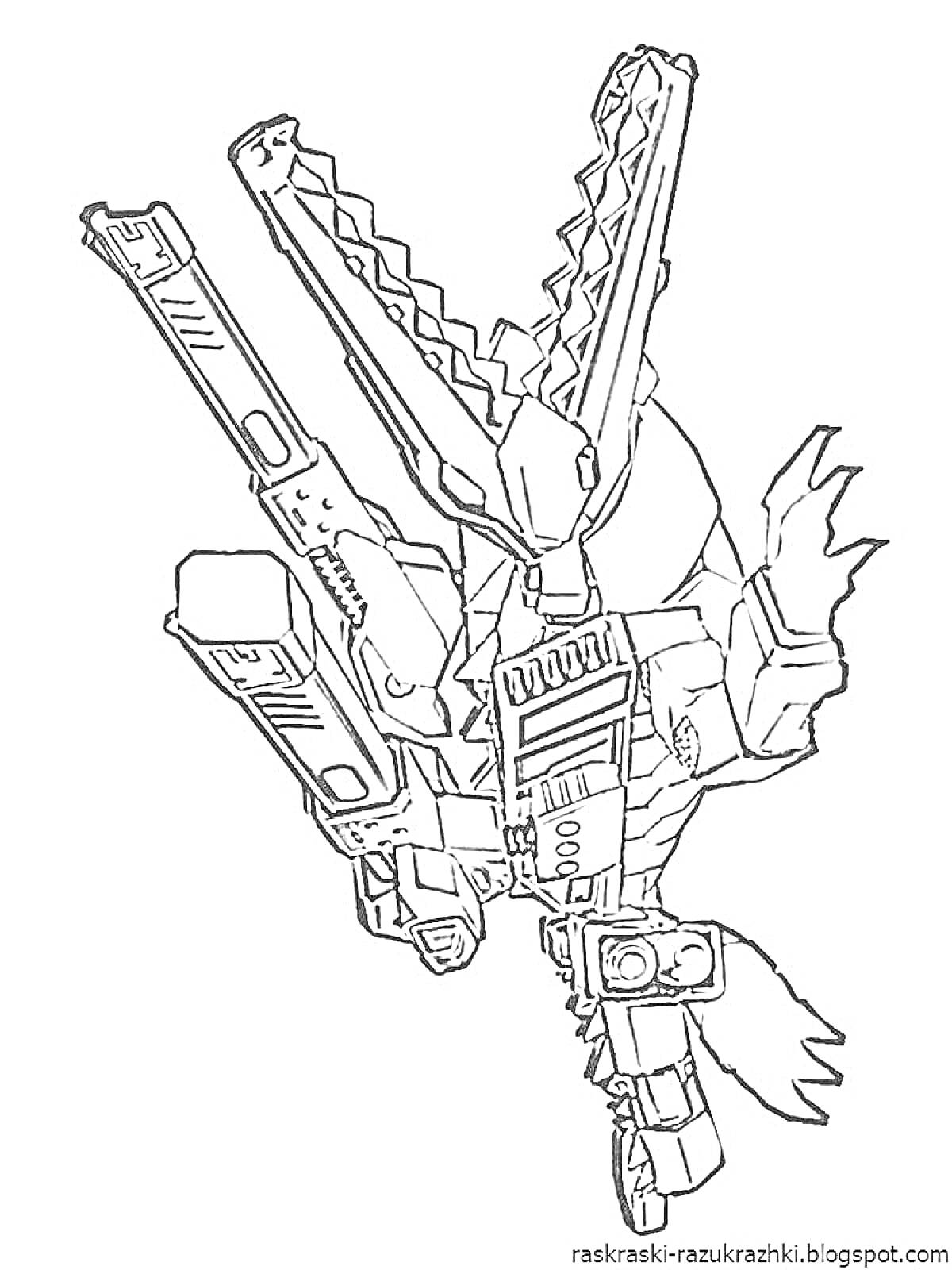 Раскраска Скричер в форме механического динозавра с двумя большими пушками и шипастой челюстью
