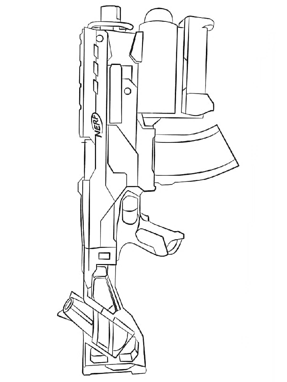 Раскраска Игрушечное ружье NERF с прицелом, магазином и передней рукояткой