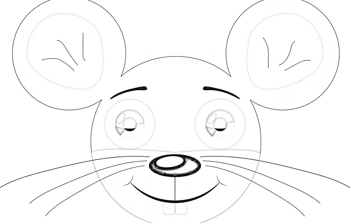 Раскраска голова мышки с ушами, усами, глазами, носом, зубами и ртом