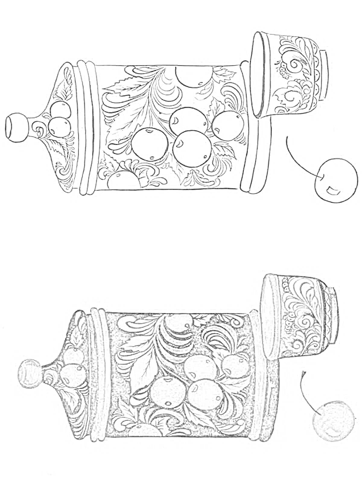 Раскраска Роспись хохлома на деревянной банке с крышкой и кружке с изображением ягод и листьев