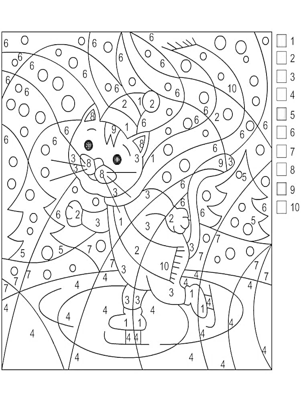 Раскраска Кот на коньках в новогоднем лесу
