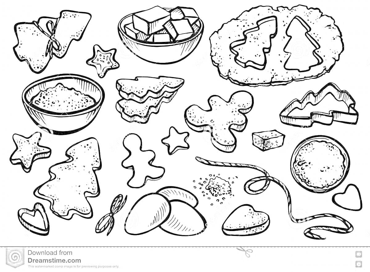 На раскраске изображено: Пряники, Печенье, Звезды, Сладости, Конфеты, Миска, Сахар, Выпечка