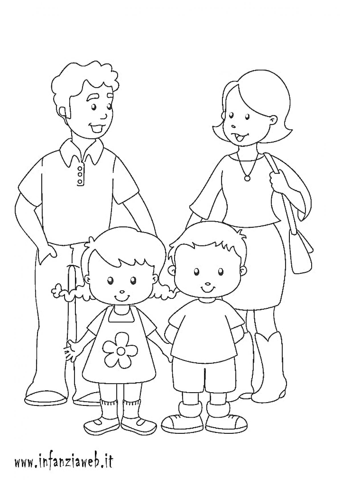 На раскраске изображено: Семья, Родители, Мальчик, Девочка, Мама, Дети 3-4 года