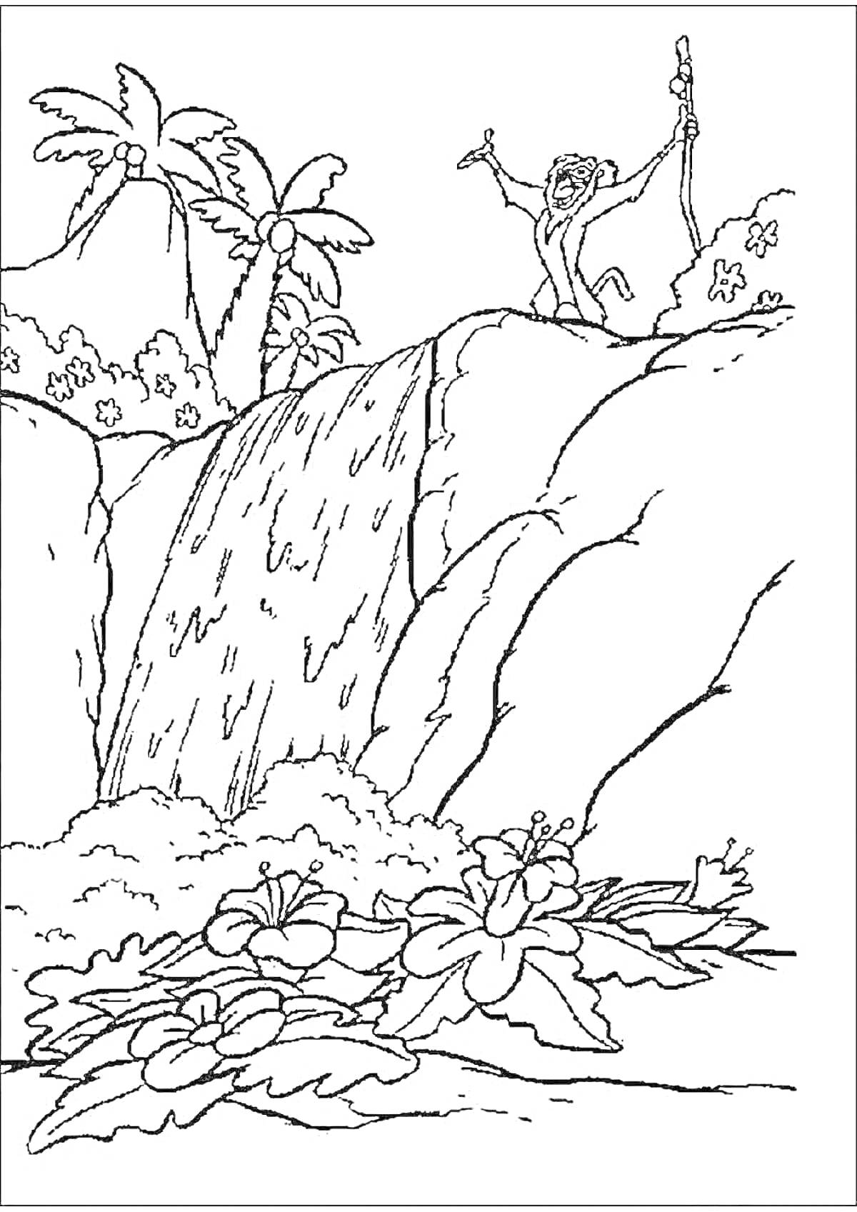 На раскраске изображено: Водопад, Цветы, Пальмы, Природа, Веселье, Скалы, Джунгли