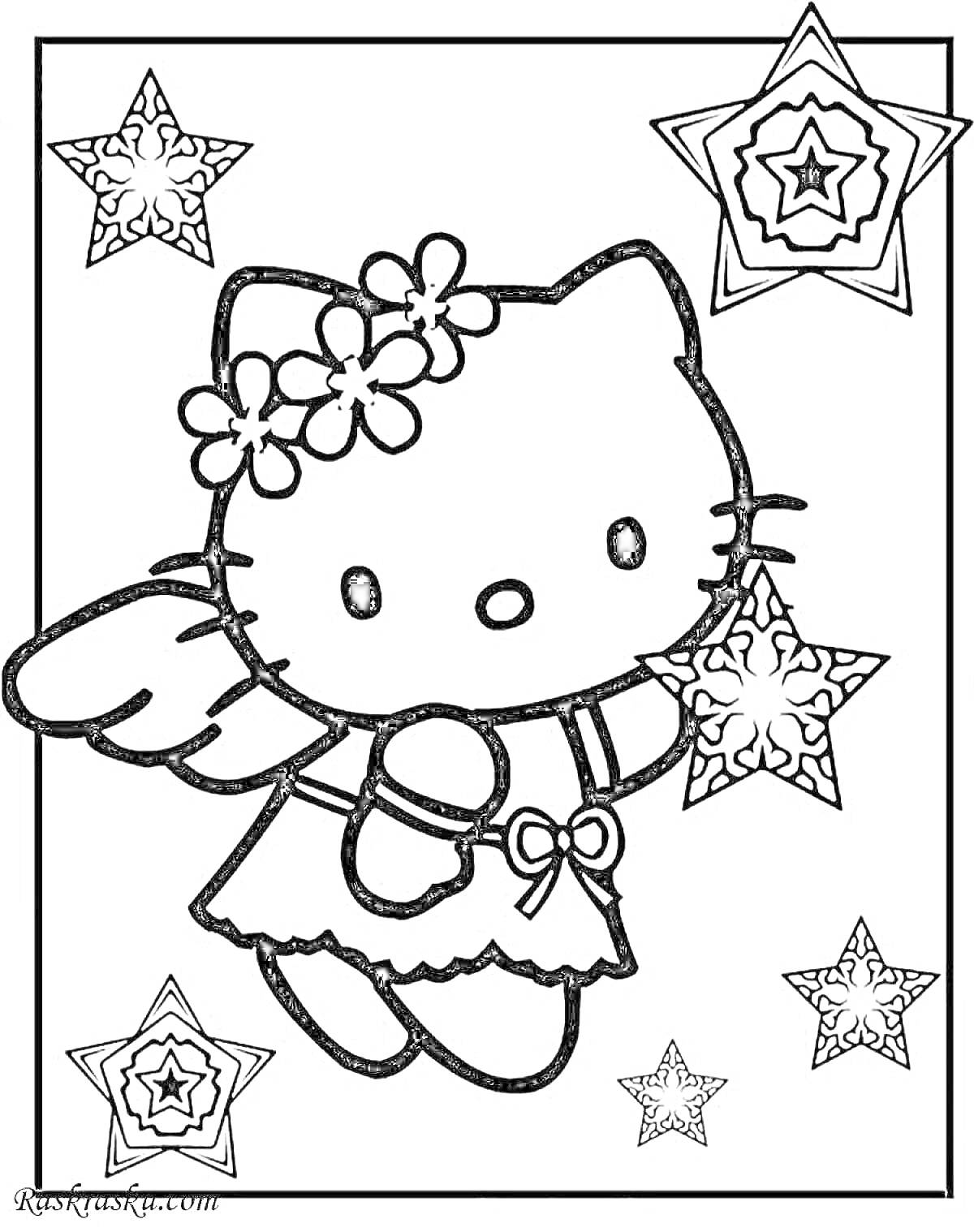 Раскраска Китти кошка с цветочками на голове, в платье с бантиком и крыльями, на фоне пятиконечных звезд