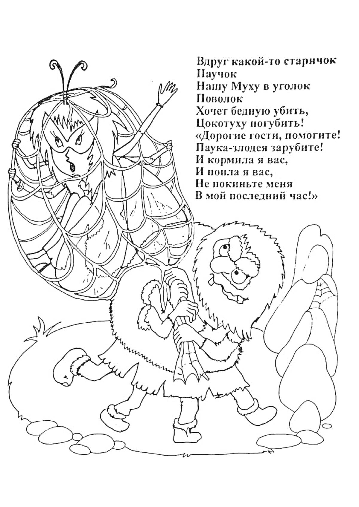Раскраска Пауки и муха из сказки Корнея Чуковского 
