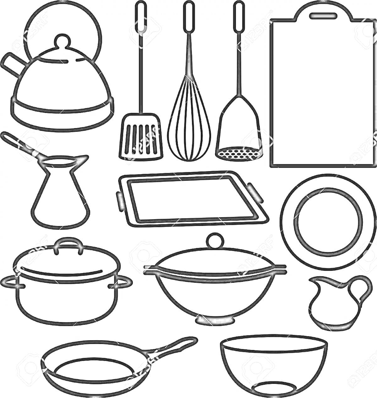 Раскраска Набор кухонных инструментов и посуды - чайник, лопатка, венчик, шумовка, разделочная доска, турка, противень, тарелка, кастрюля, салатник, сковорода, миска, соусник