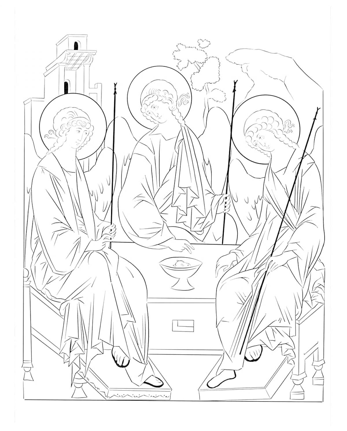 На раскраске изображено: Троица, Нимбы, Стол, Здание, Религия