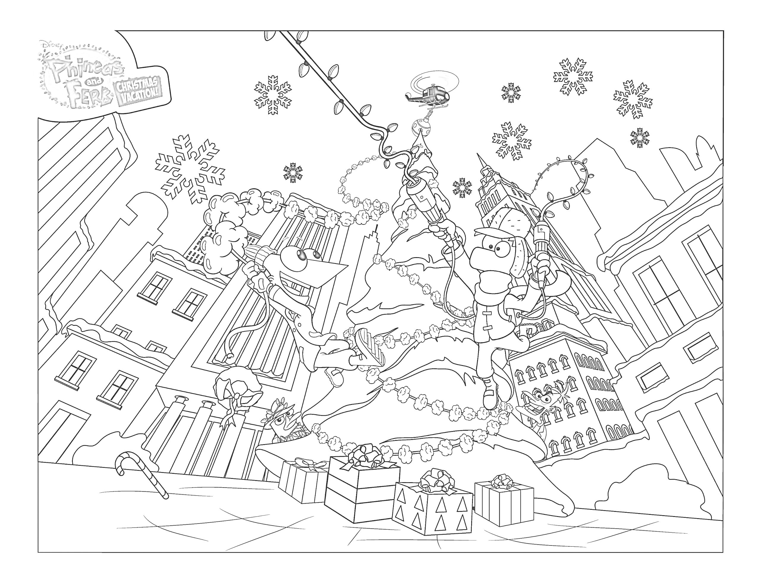 Раскраска улица с зданиями, Финес и Ферб наряжают новогоднюю елку, подарки, падает снег, гирлянды, летящий Перри-утконос в костюме Санты, деревья и вечернее небо