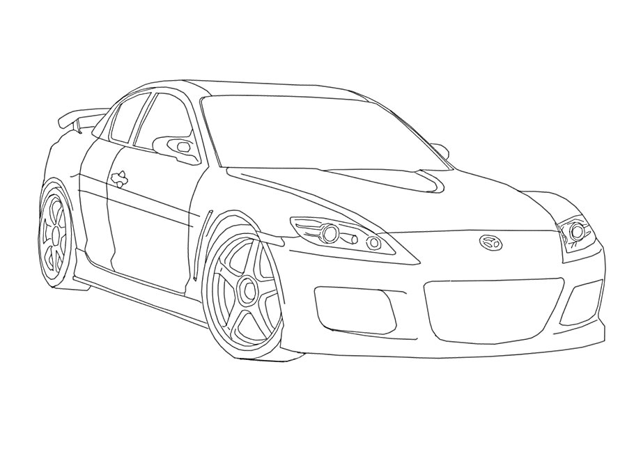 Раскраска Чертеж автомобиля Mazda, вид спереди-сбоку, с деталями кузова, колес и фар