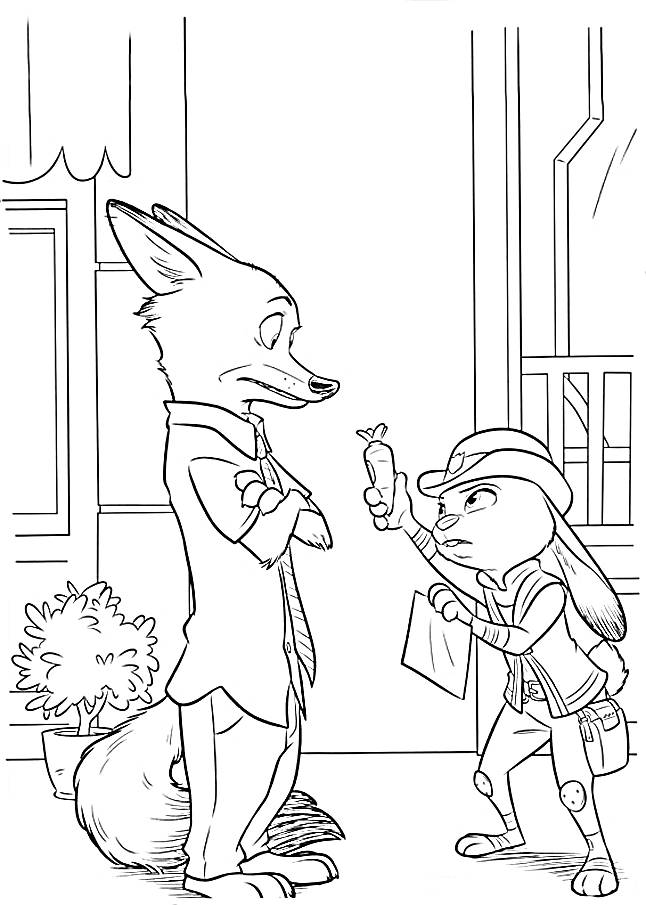 Раскраска Лисица и кролик в полицейском костюме, спор в городской обстановке