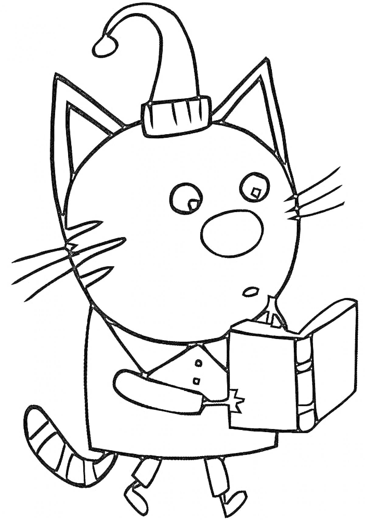 Раскраска кот в шапке, читающий книгу