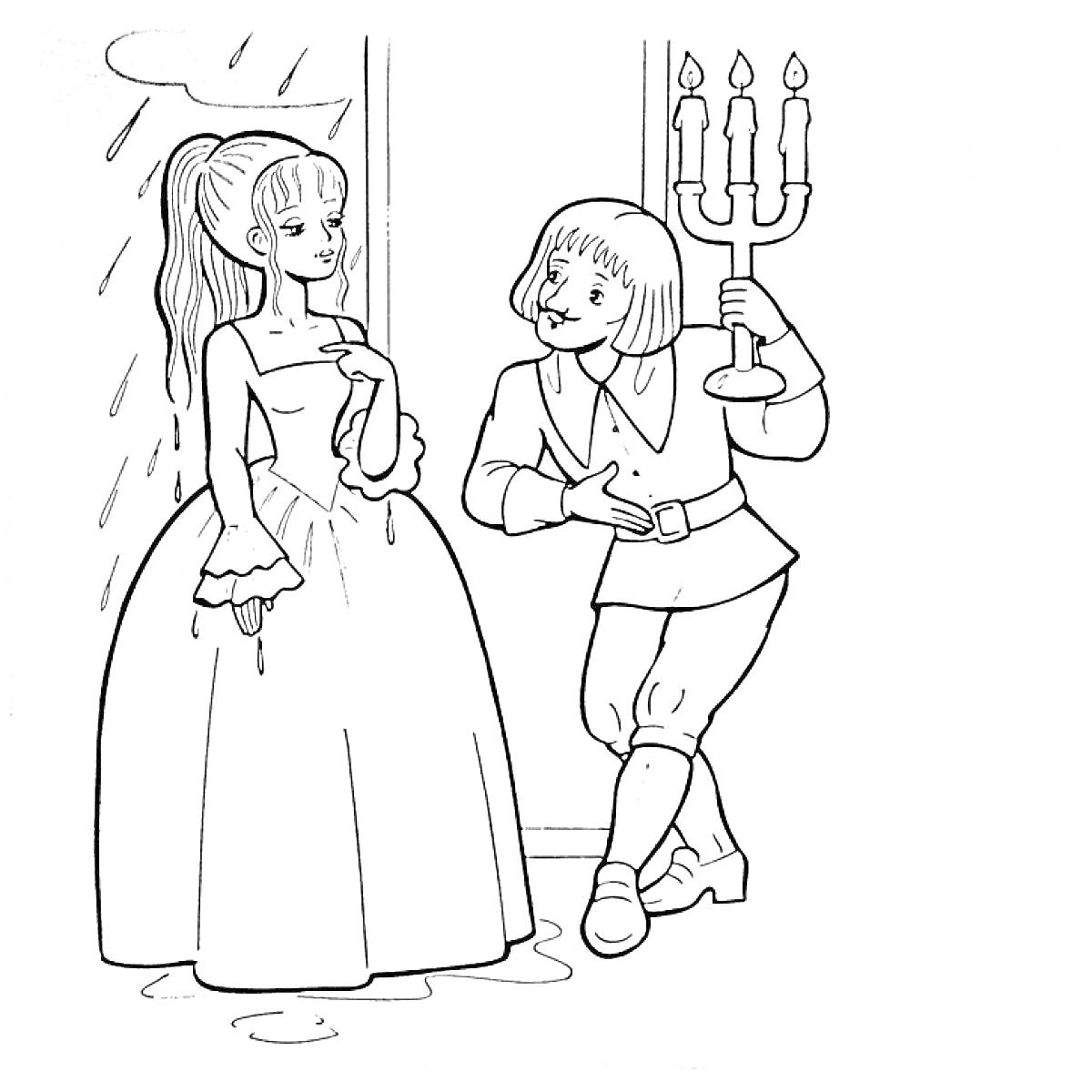 Раскраска Принцесса на горошине в разговоре с принцем у двери с горящим канделябром