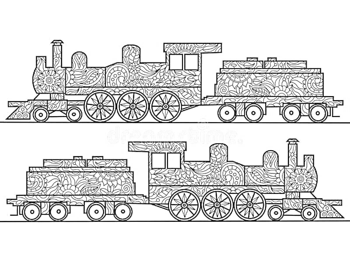 Раскраска Два украшенных паровоза с вагоном, вид сбоку