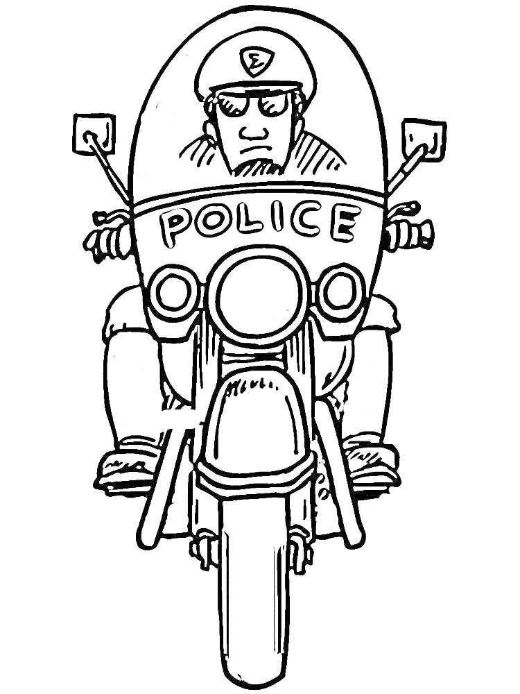 На раскраске изображено: Мотоцикл, Полиция, Офицер, Очки, Транспорт, Безопасность, Шлемы