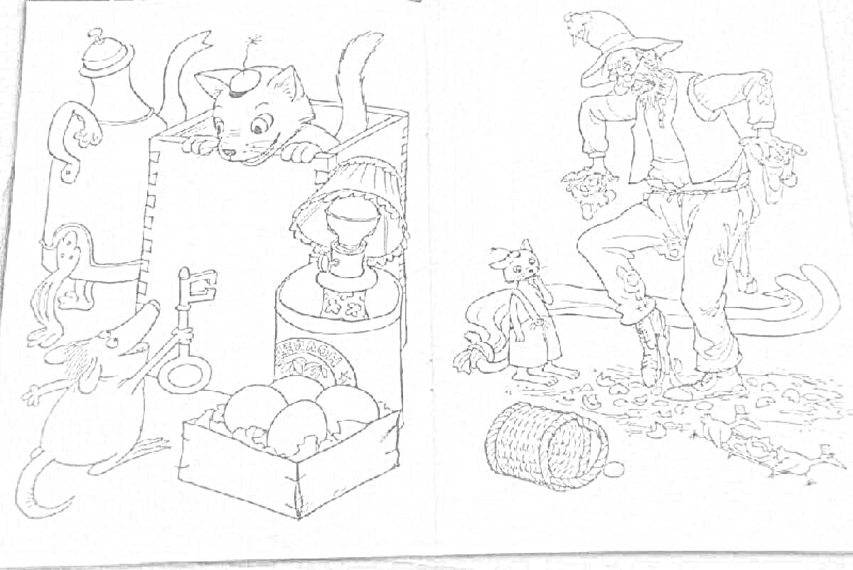 На раскраске изображено: Финдус, Петсон, Кот, Ключ, Яйца, Человек, Корзина