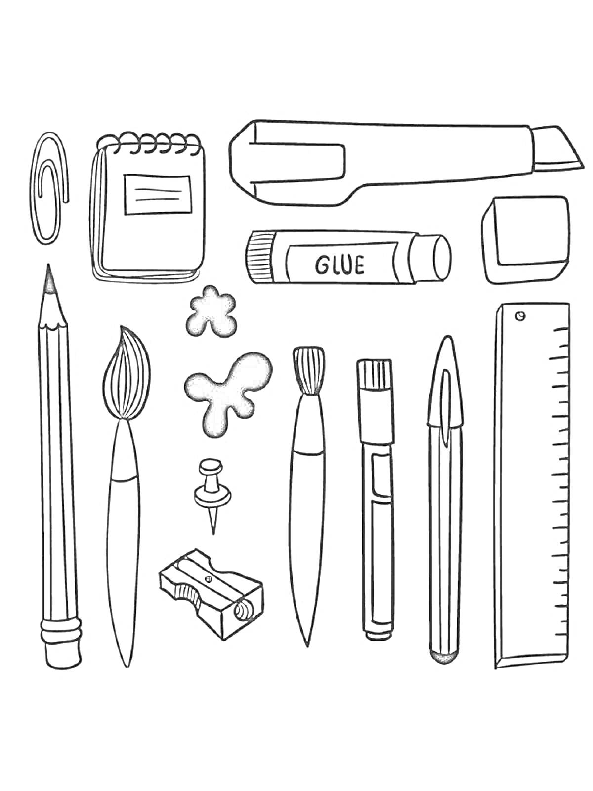Школьные принадлежности с канцелярским ножом, блокнотом, скрепкой, карандашом, кисточками, булавкой, точилкой, красочными пятнами, клеем, ластиком, линейкой и ручкой